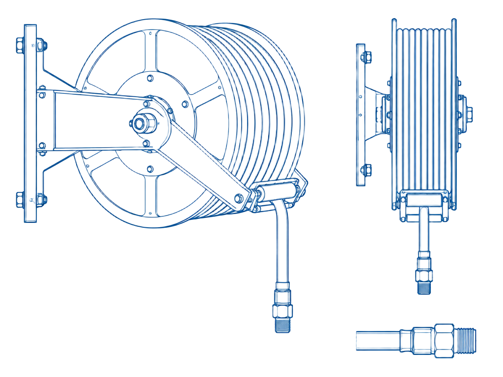 Esquema técnico de enrolador de mangueira automático de parede, vista lateral e frontal