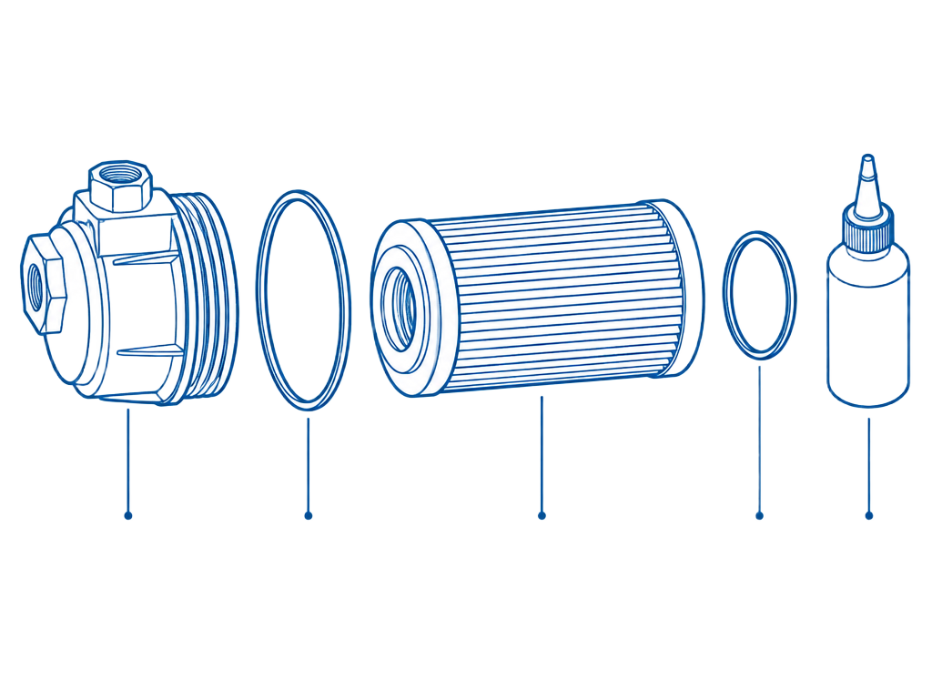 Esquema técnico de kit de manutenção para compressores de parafuso Atlas Copco: filtro, vedações e lubrificante